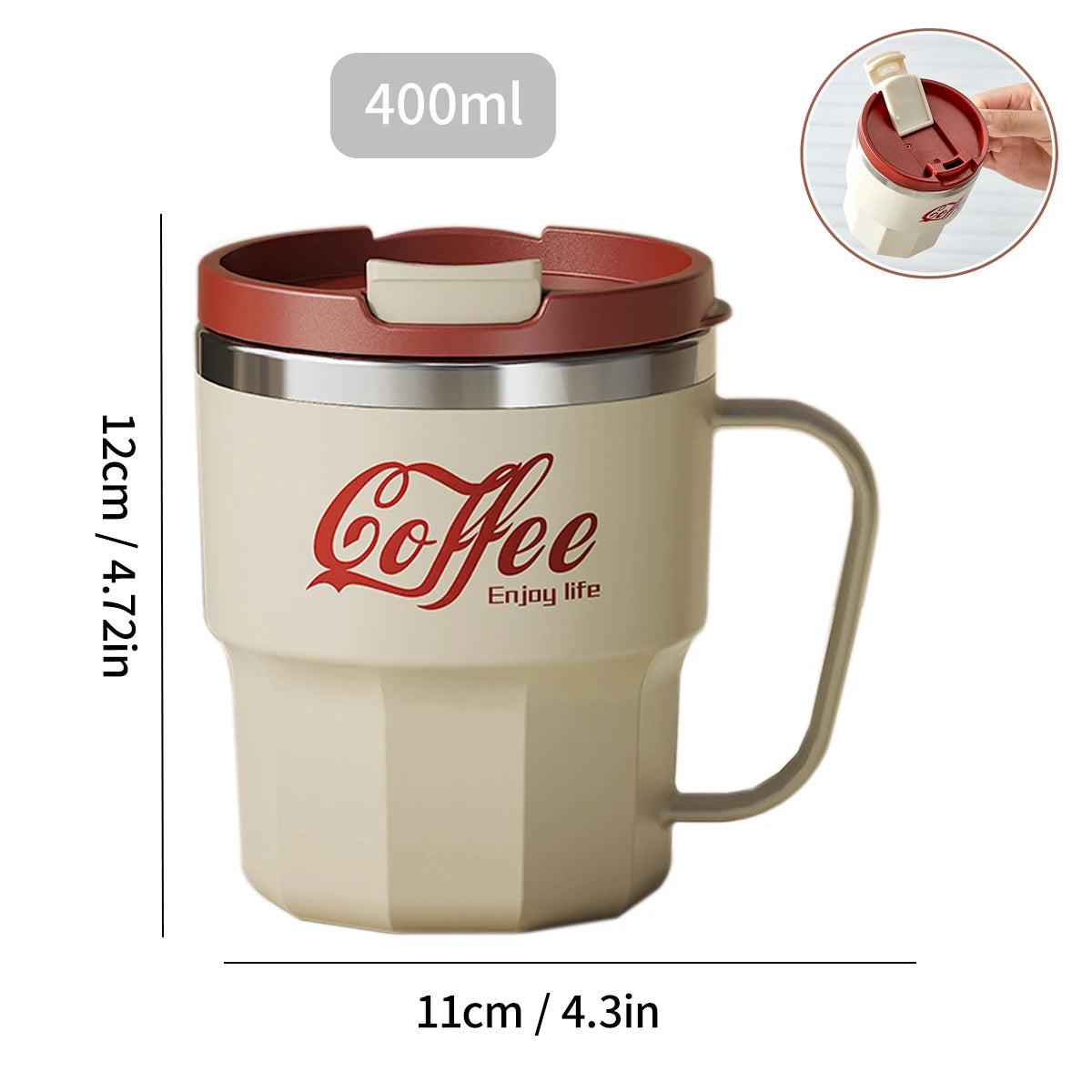 Premium Stainless Steel Travel Mug – Double Wall Insulated Coffee Cup with Handle, Leak-Proof 14oz Tumbler for Hot & Cold Drinks